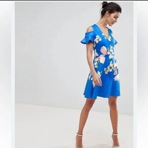 Ted  Baker Dress Blue Floral Ambre Harmony Cold Shoulder Flutter Sleeve 2, EUC